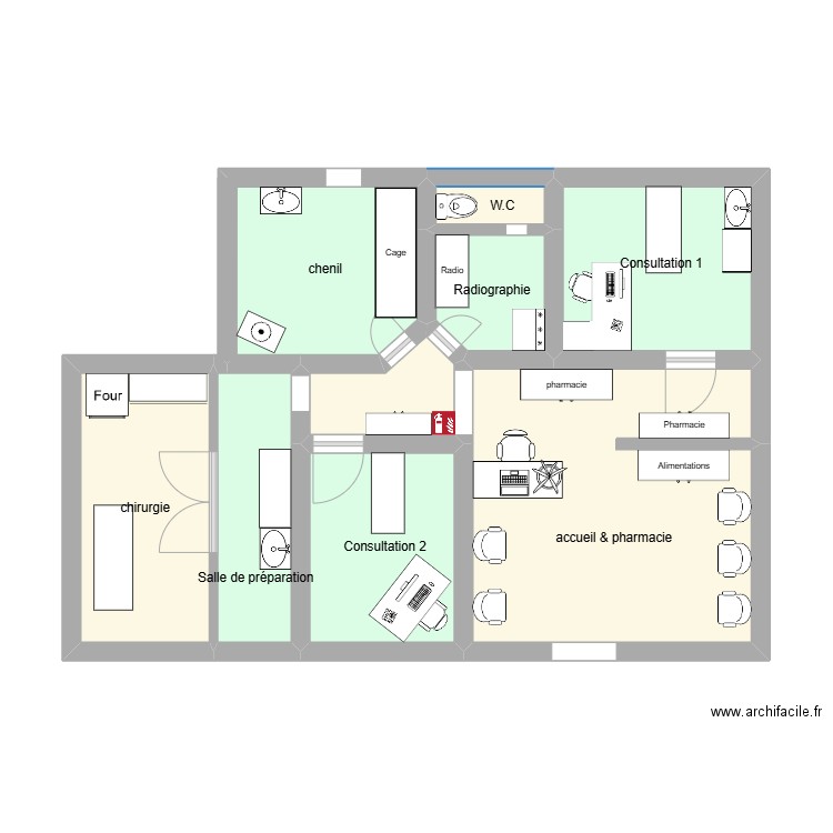 clinique vétérinaire. Plan de 9 pièces et 47 m2