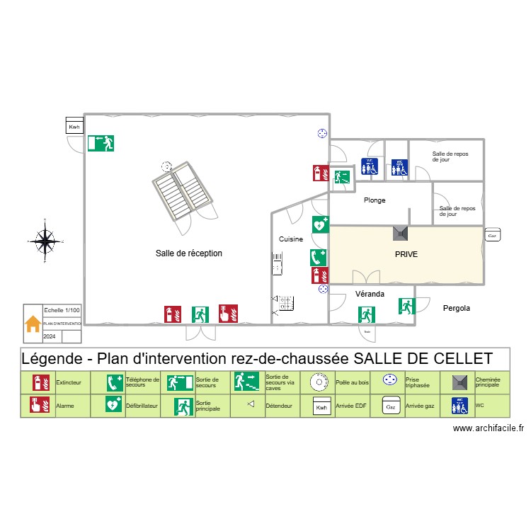 Rez de chaussée. Plan de 7 pièces et 62 m2