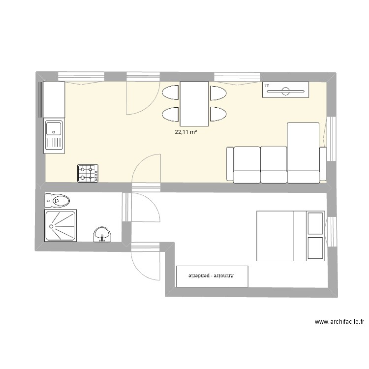 Appart. Plan de 1 pièce et 22 m2