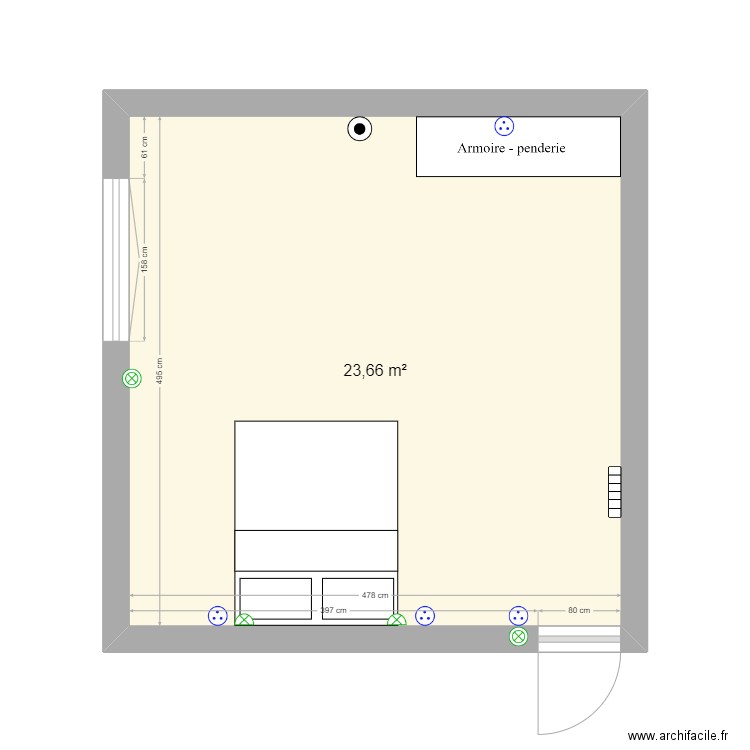 chambre. Plan de 1 pièce et 24 m2