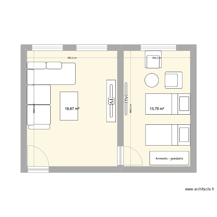 Aouama. Plan de 2 pièces et 32 m2