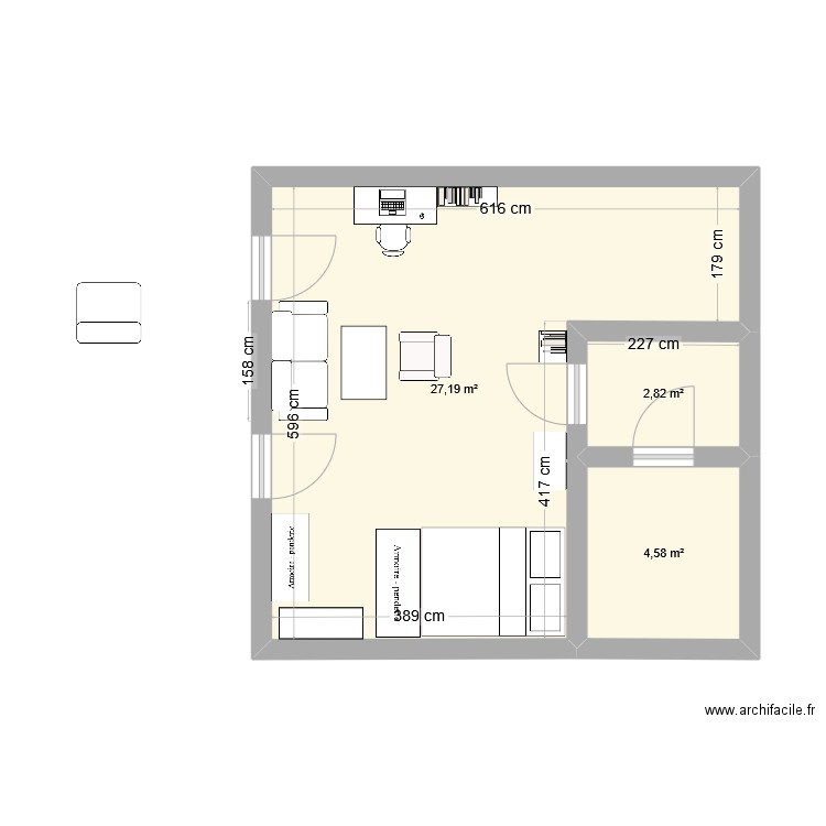 studio 2. Plan de 3 pièces et 35 m2