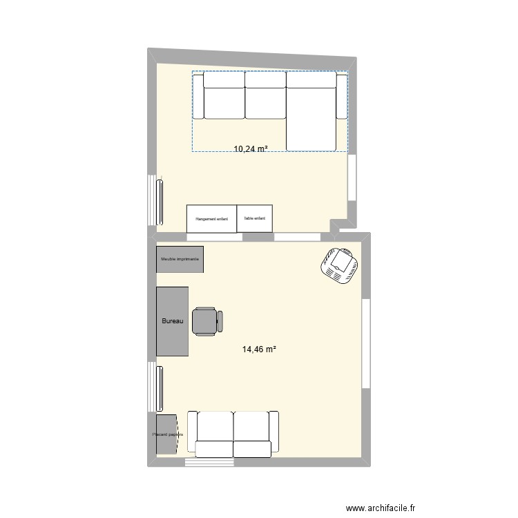 Salon ancien aménagement. Plan de 2 pièces et 25 m2