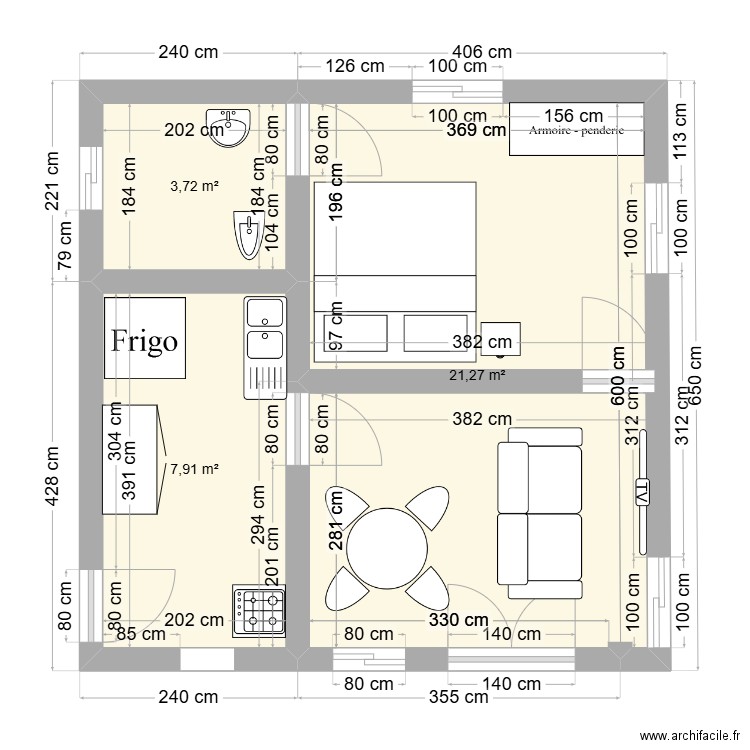 vakon 1CH SALON CUISINE DOUCHE. Plan de 3 pièces et 33 m2