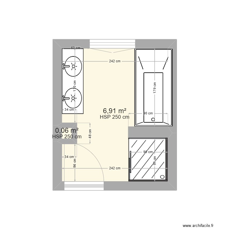 Salle de bain - projet Vincent N°1. Plan de 2 pièces et 7 m2