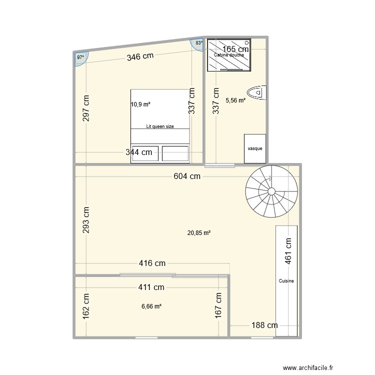 village. Plan de 4 pièces et 44 m2