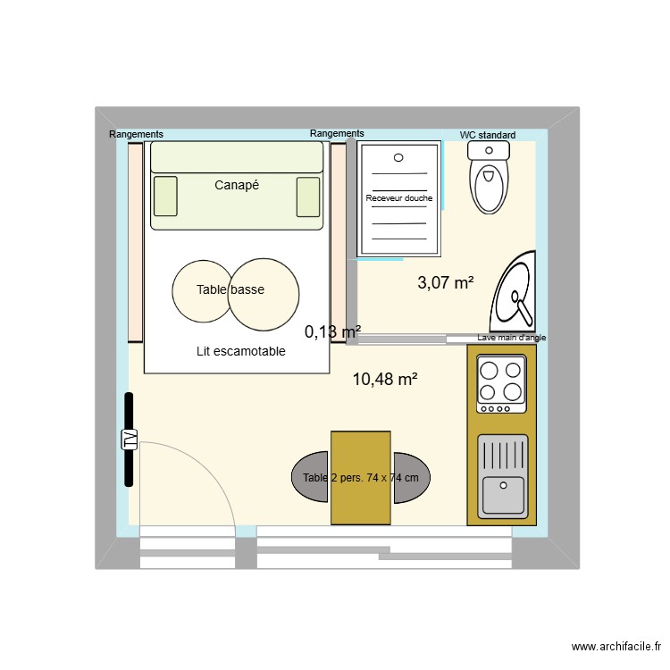 Local studio. Plan de 3 pièces et 29 m2