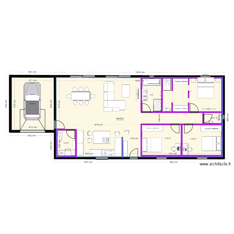 Maison 115m2 plain pied. Plan de 7 pièces et 177 m2