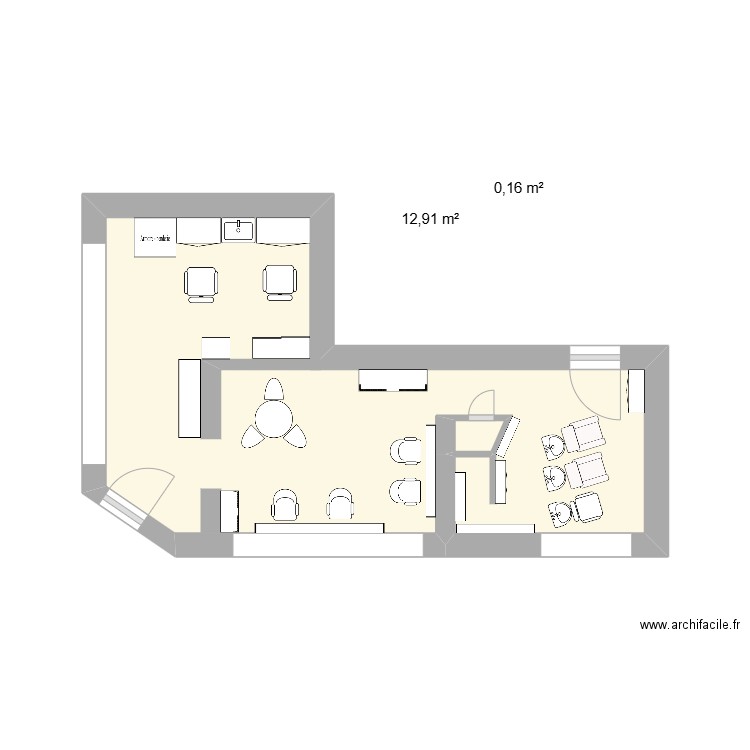 M'salon. Plan de 2 pièces et 13 m2