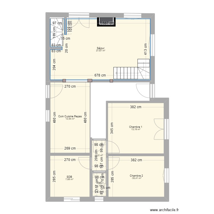 Pallud Etage 1 après travaux. Plan de 7 pièces et 76 m2