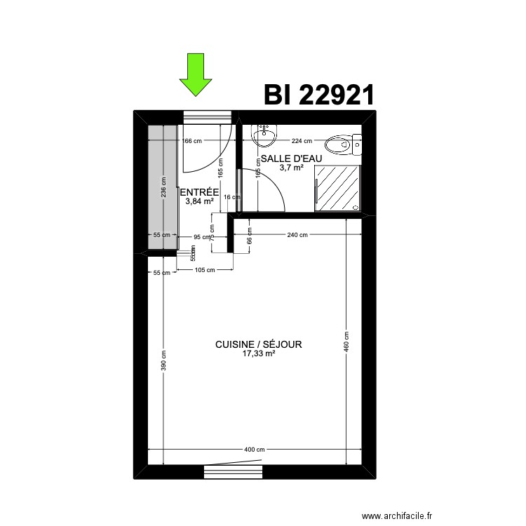 BI 22921. Plan de 3 pièces et 25 m2