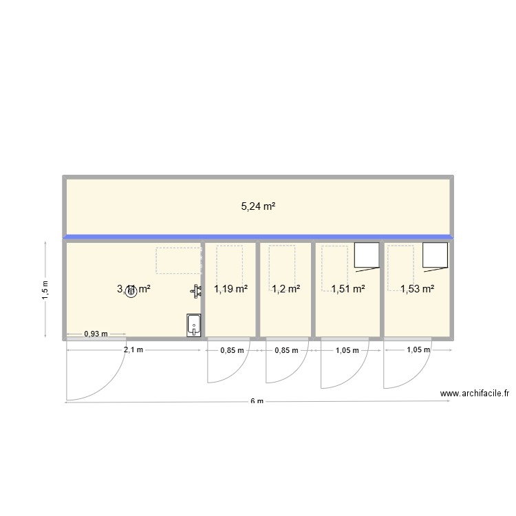 toilette. Plan de 6 pièces et 14 m2