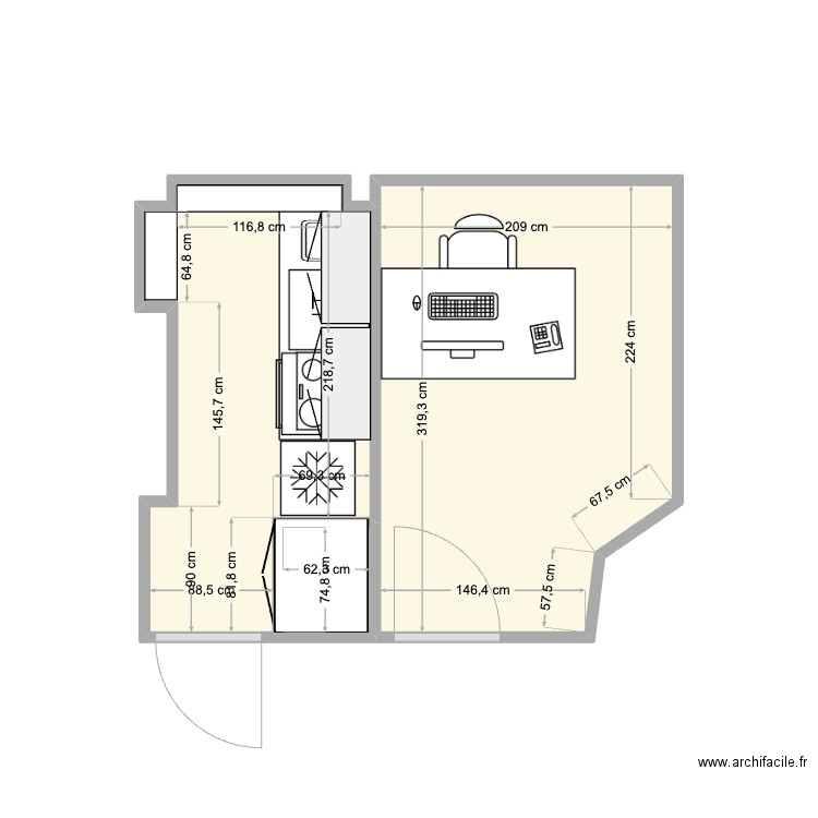 CUISINE + BUREAU LALO. Plan de 3 pièces et 11 m2