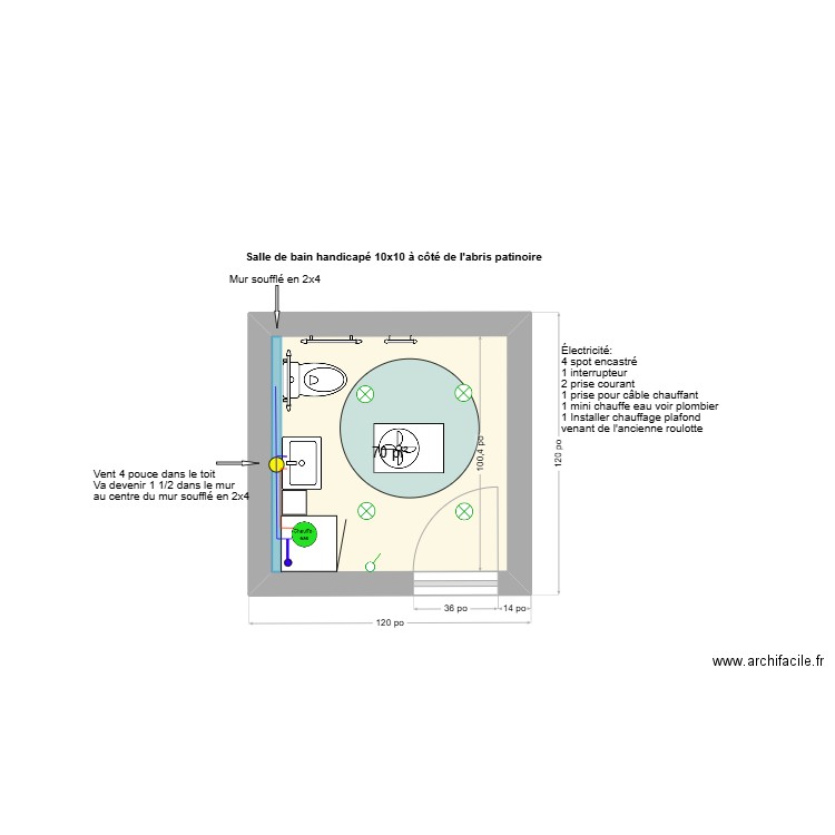 Salle de bain test handicapé V3. Plan de 1 pièce et 7 m2