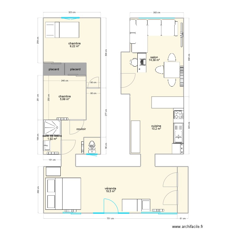 bert. Plan de 11 pièces et 71 m2