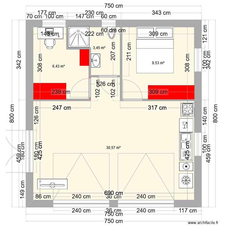 1chambre 1bureau  50m2. Plan de 4 pièces et 50 m2