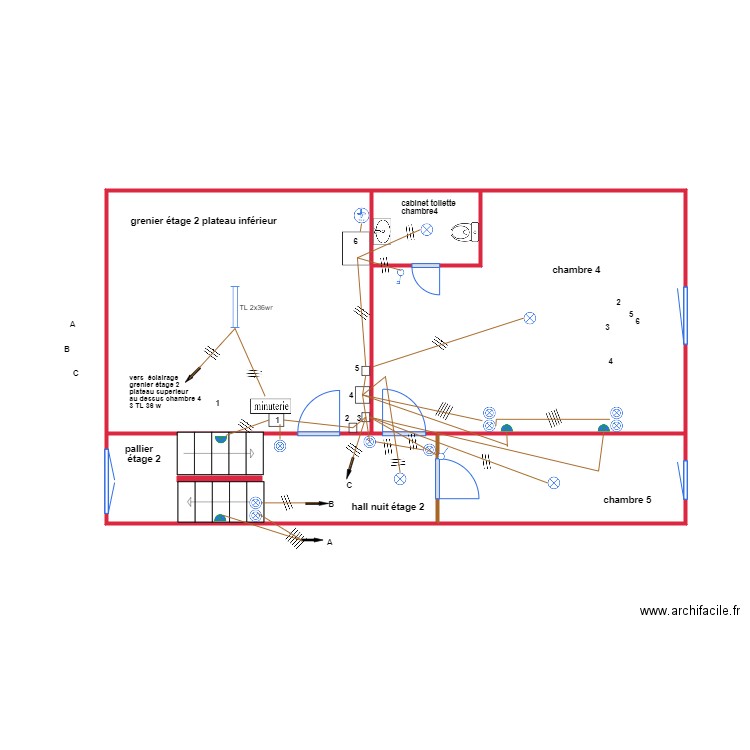 implantation étage 2 eclairage. Plan de 5 pièces et 45 m2