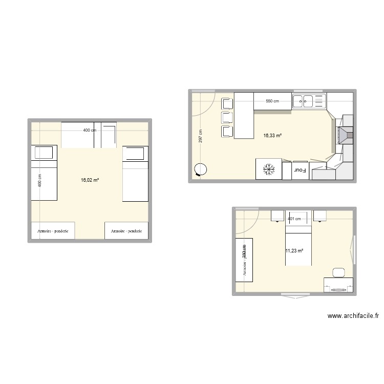 CUISINE / CHAMBRES / SALLES D'EAU . Plan de 3 pièces et 44 m2