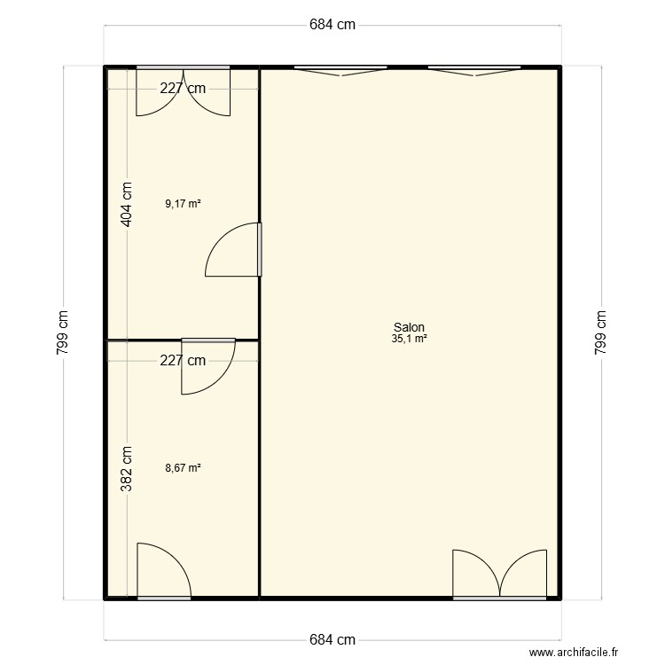 RDC SALON CUISINE. Plan de 3 pièces et 53 m2