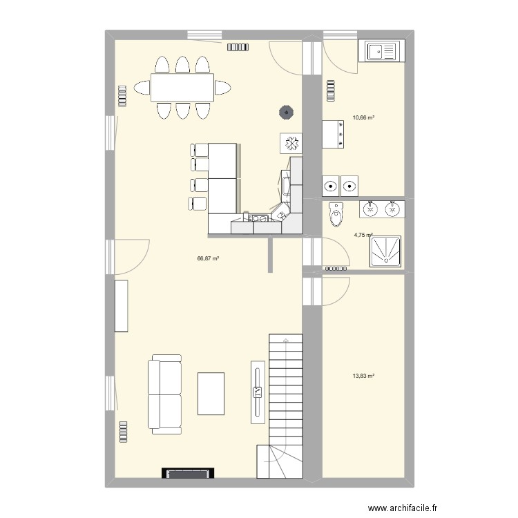 RDC3. Plan de 4 pièces et 96 m2