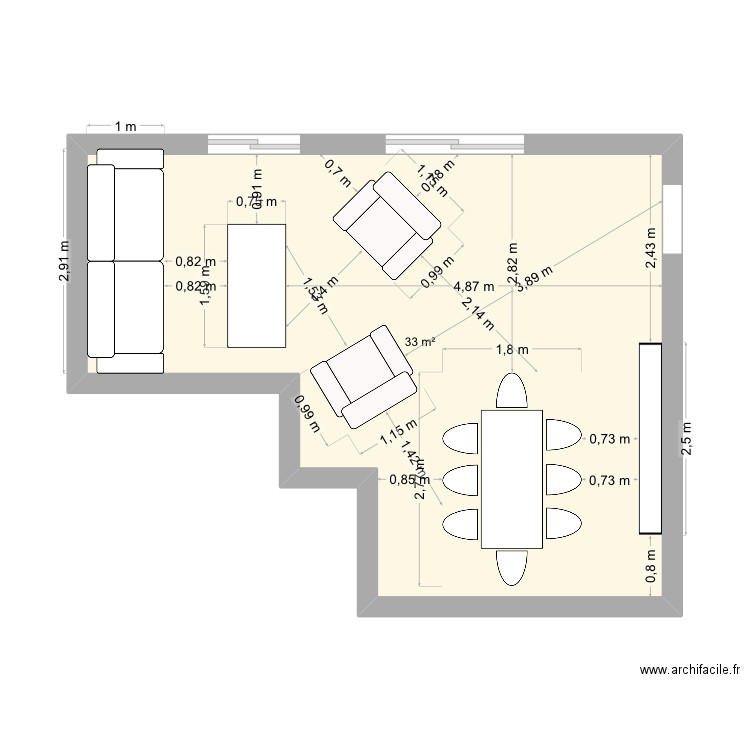 Tito. Plan de 1 pièce et 33 m2