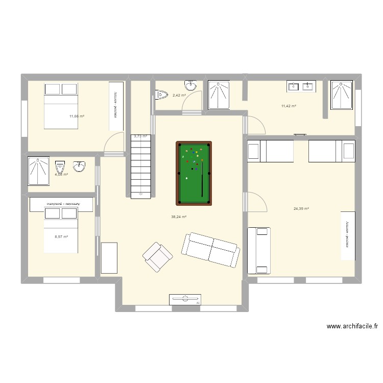 Chalet -1. Plan de 8 pièces et 105 m2