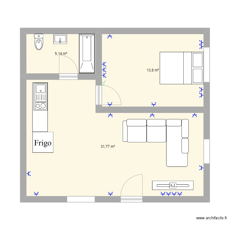 416 electricité. Plan de 3 pièces et 51 m2