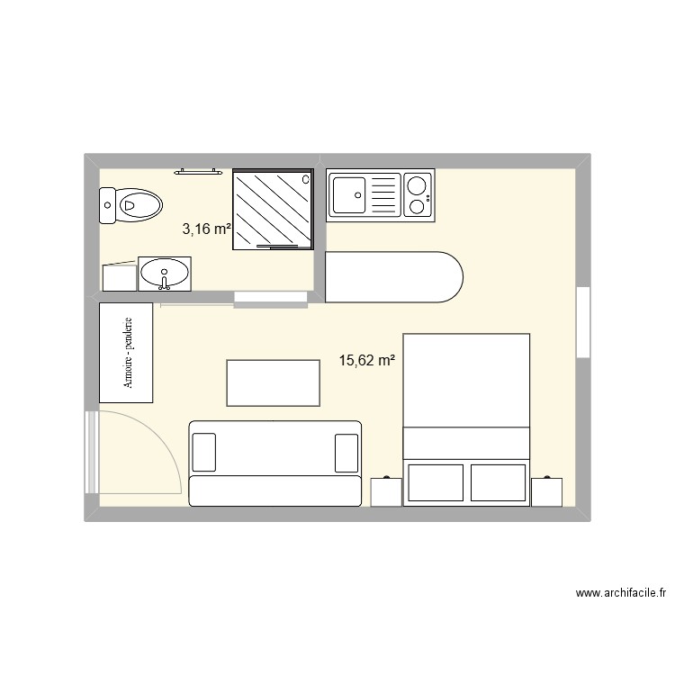 2e Plan. Plan de 2 pièces et 19 m2