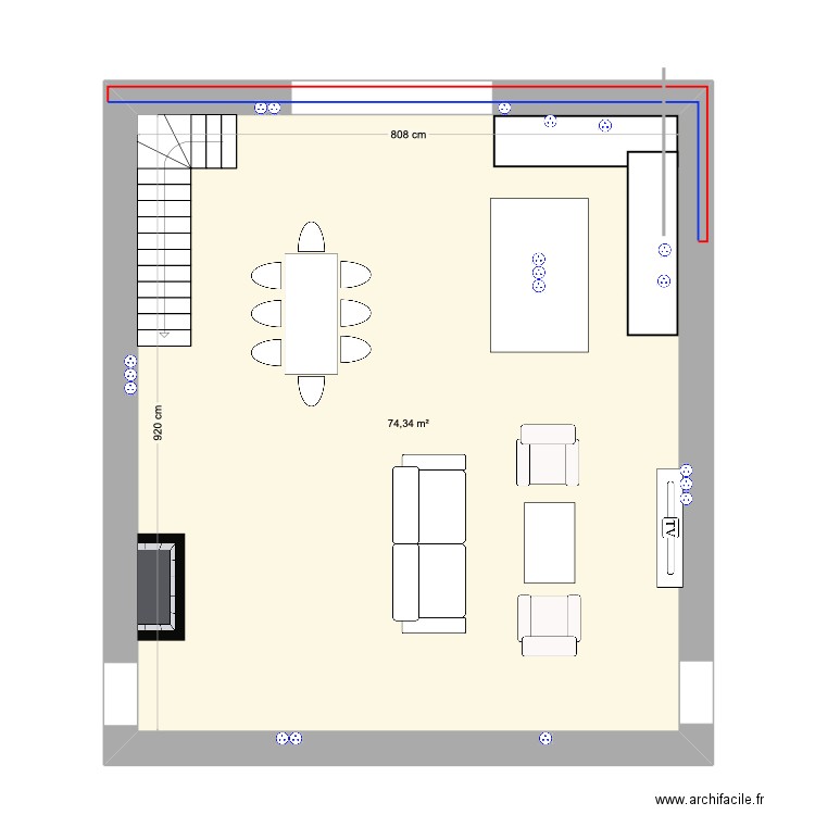 séjour. Plan de 1 pièce et 74 m2