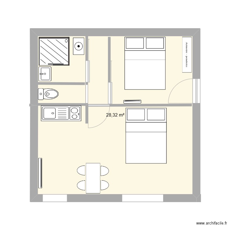 galere. Plan de 1 pièce et 28 m2