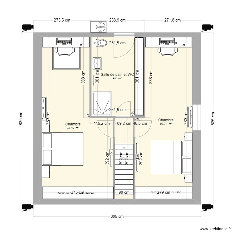 ETAGE . Plan de 4 pièces et 55 m2