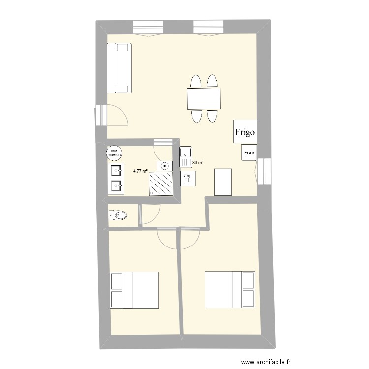 Etage gauche. Plan de 2 pièces et 51 m2