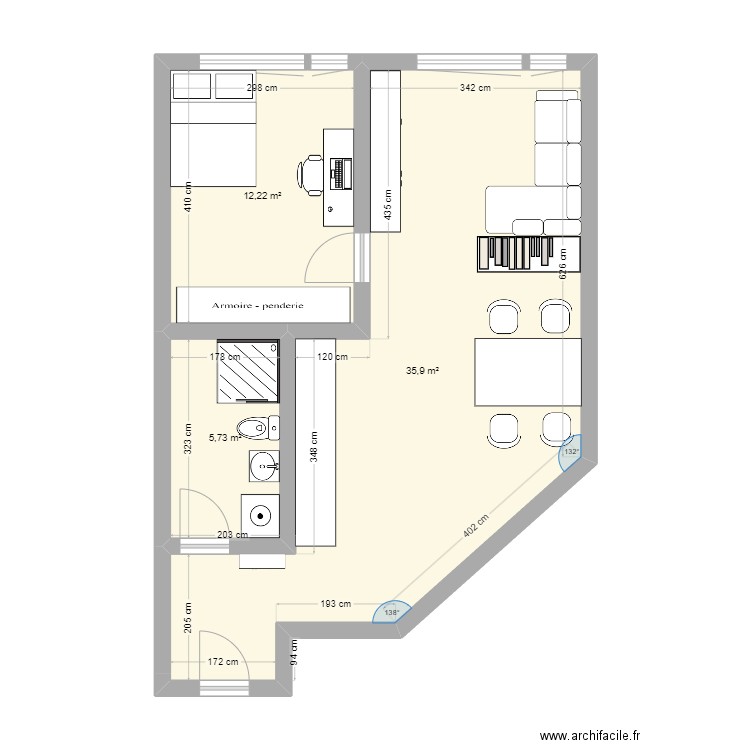 appart. Plan de 3 pièces et 54 m2