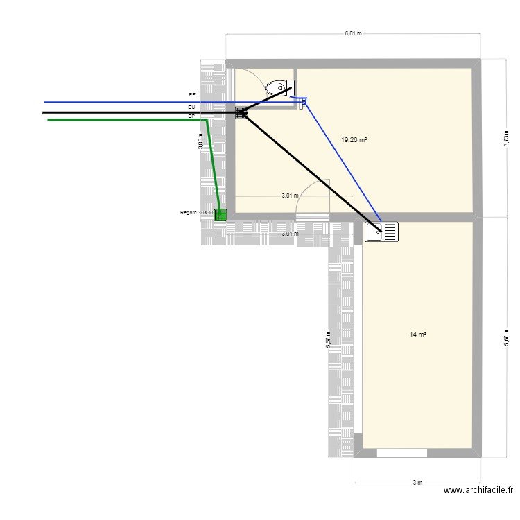 abri. Plan de 2 pièces et 33 m2