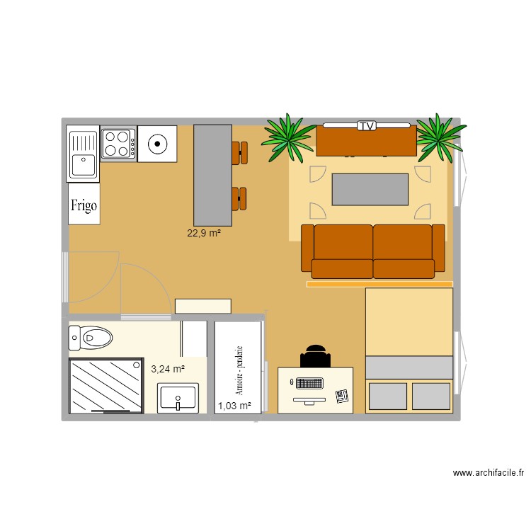 plan appartement V3. Plan de 3 pièces et 27 m2