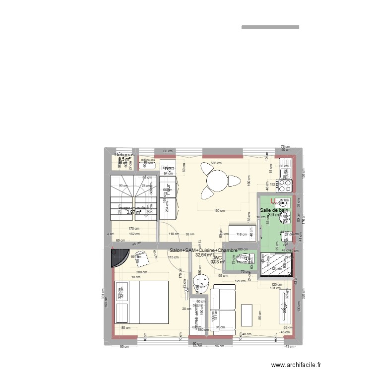 immeuble1 1er Projet 2b 2 pièces. Plan de 5 pièces et 42 m2