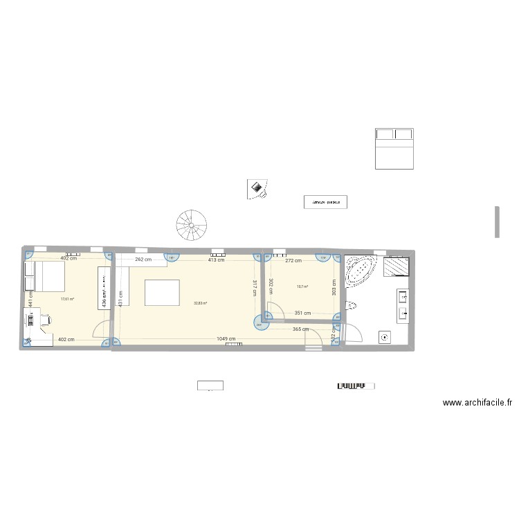 Doubs 87 rez inférieur . Plan de 3 pièces et 61 m2