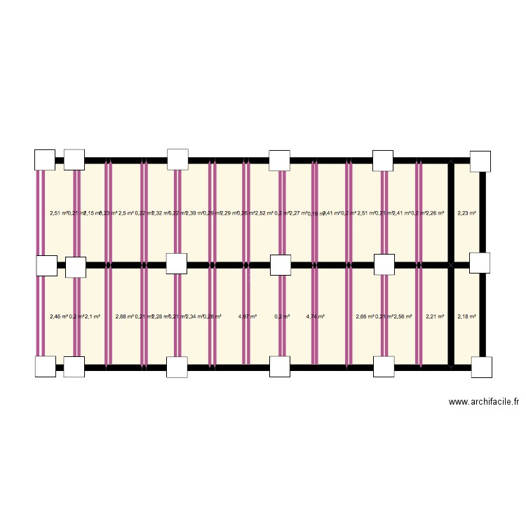 madrier et triangle. Plan de 41 pièces et 66 m2