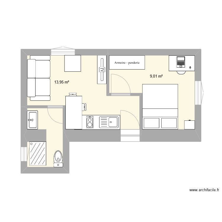 studio aubagne. Plan de 2 pièces et 23 m2