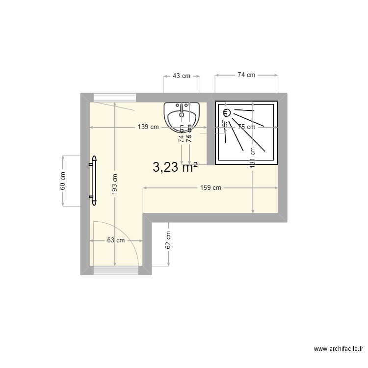 Salle de bain. Plan de 1 pièce et 3 m2