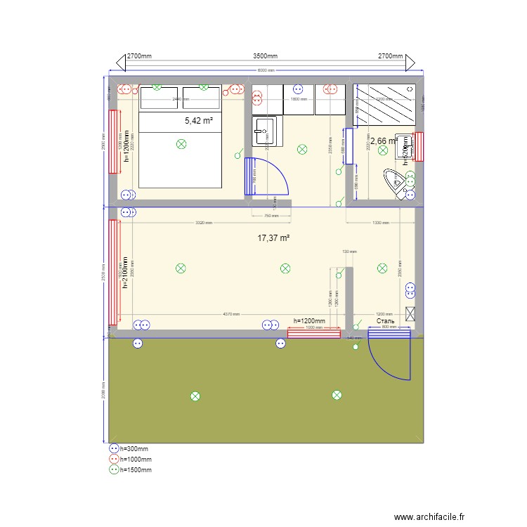 Д 2 эл. Plan de 4 pièces et 36 m2