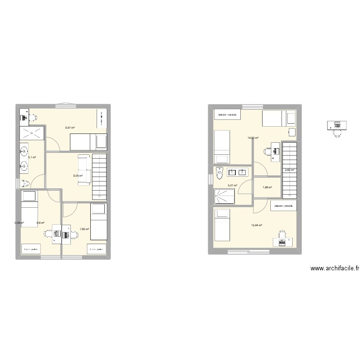 1er étage maël sud, filles nord. Plan de 11 pièces et 77 m2