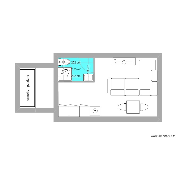 studio haut . Plan de 1 pièce et 3 m2