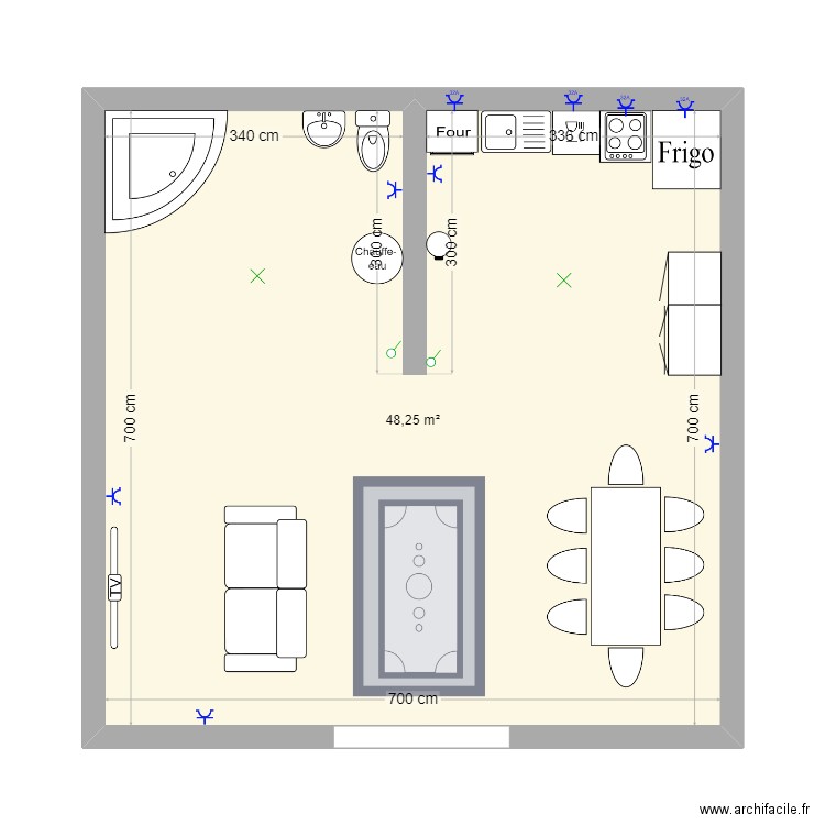 studio. Plan de 1 pièce et 48 m2