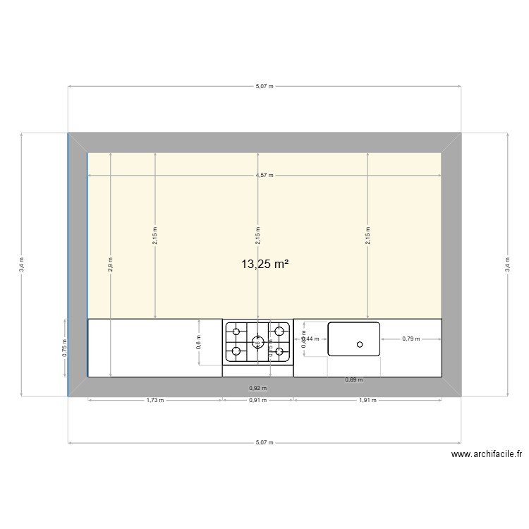 stel. Plan de 1 pièce et 13 m2