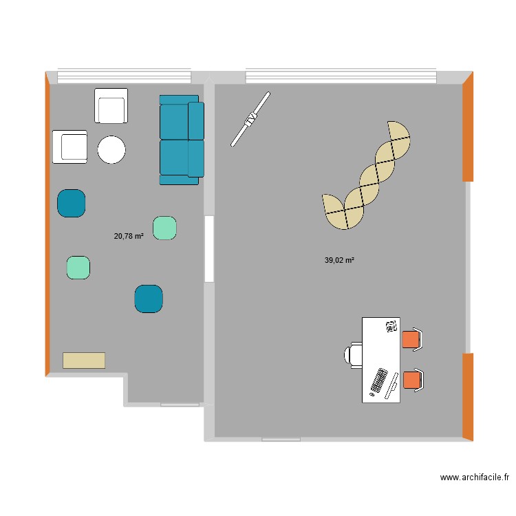 Salles média. Plan de 2 pièces et 60 m2