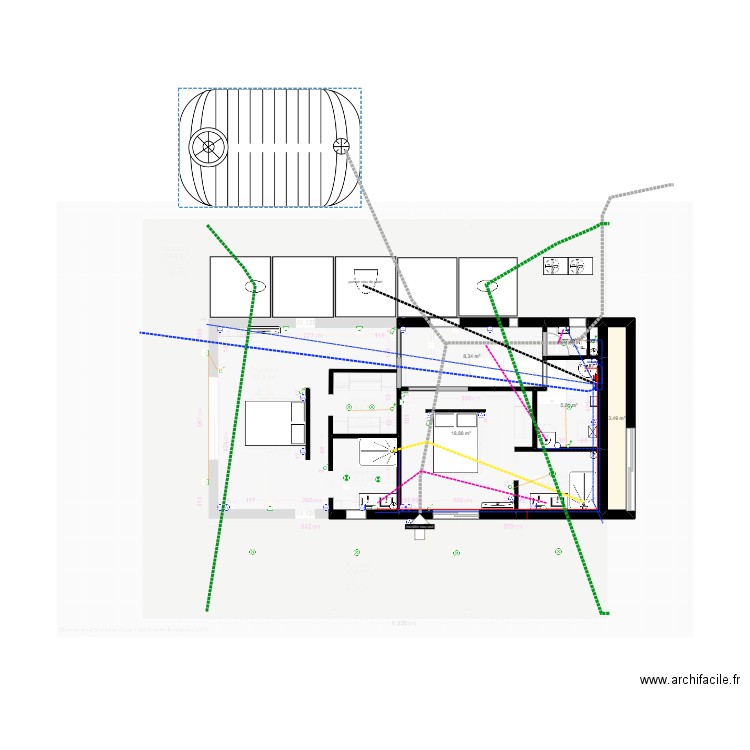 RDC eau et évacuation. Plan de 6 pièces et 37 m2