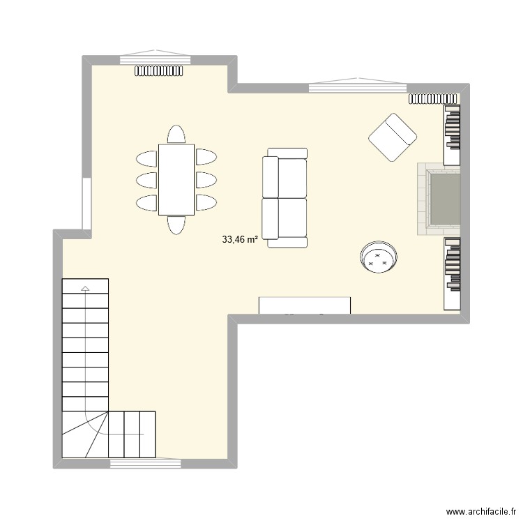 Salon Salle à manger. Plan de 1 pièce et 33 m2