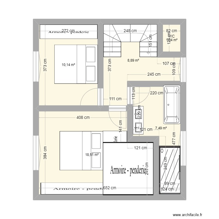 r+1. Plan de 5 pièces et 46 m2