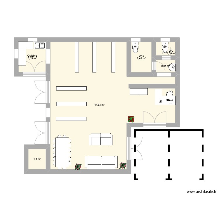 épicerie. Plan de 6 pièces et 54 m2